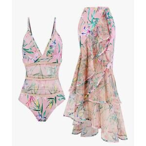 Womens One Piece Swimsuit with Beach Cover Up Wrap Skirt Sarong Retro Large